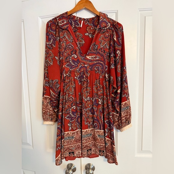 Free People Say You Love Me Mini Dress M Orange Paisley Boho Long Sleeve - Picture 2 of 13